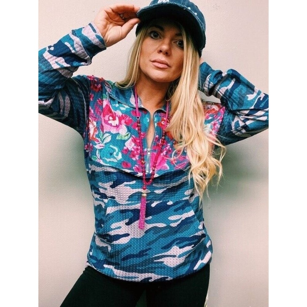 Lovish Camouflage Floral Print Navy Waffle Long Sleeve Large 1/2 zip pullover